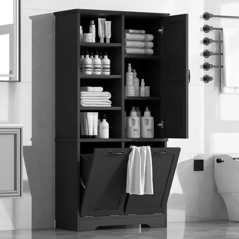 Freestanding Bathroom Storage Cabinet, Tilt-Out Laundry Hamper, Multiple Storage Space, Open Shelve, Adjustable Shelf