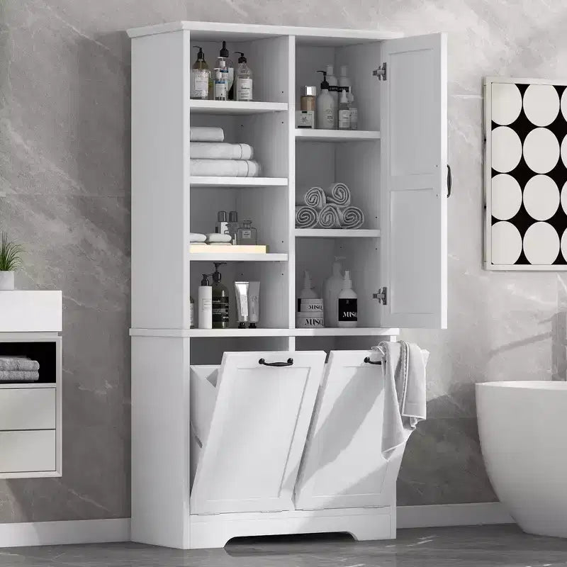 Freestanding Bathroom Storage Cabinet, Tilt-Out Laundry Hamper, Multiple Storage Space, Open Shelve, Adjustable Shelf