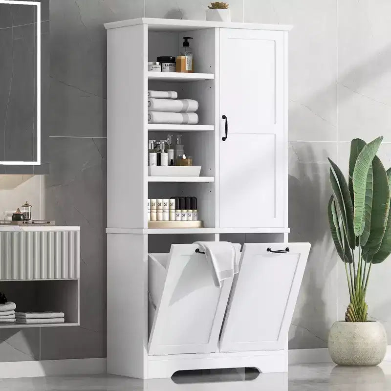 Freestanding Bathroom Storage Cabinet, Tilt-Out Laundry Hamper, Multiple Storage Space, Open Shelve, Adjustable Shelf