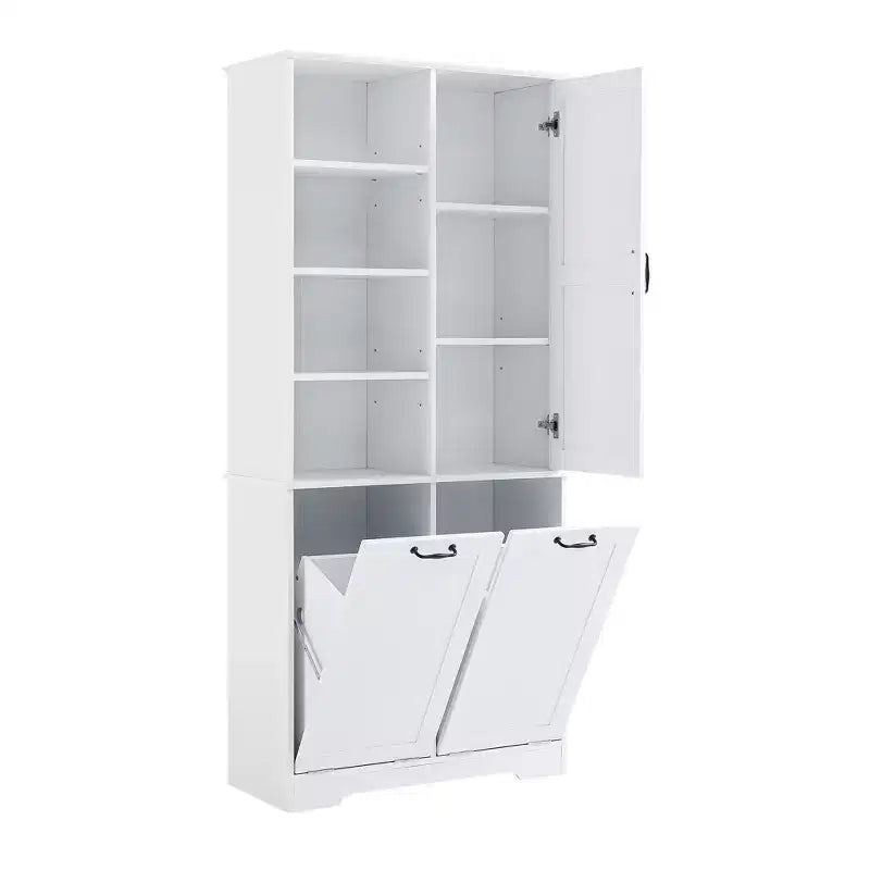 Freestanding Bathroom Storage Cabinet, Tilt-Out Laundry Hamper, Multiple Storage Space, Open Shelve, Adjustable Shelf