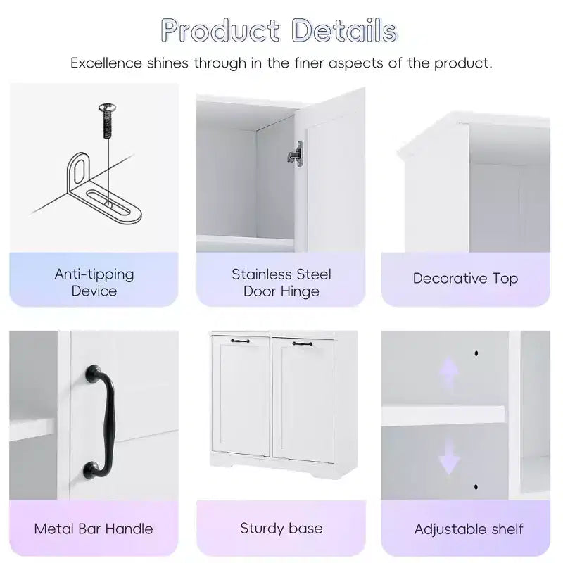 Freestanding Bathroom Storage Cabinet, Tilt-Out Laundry Hamper, Multiple Storage Space, Open Shelve, Adjustable Shelf