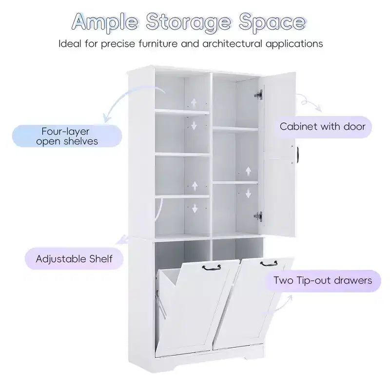 Freestanding Bathroom Storage Cabinet, Tilt-Out Laundry Hamper, Multiple Storage Space, Open Shelve, Adjustable Shelf