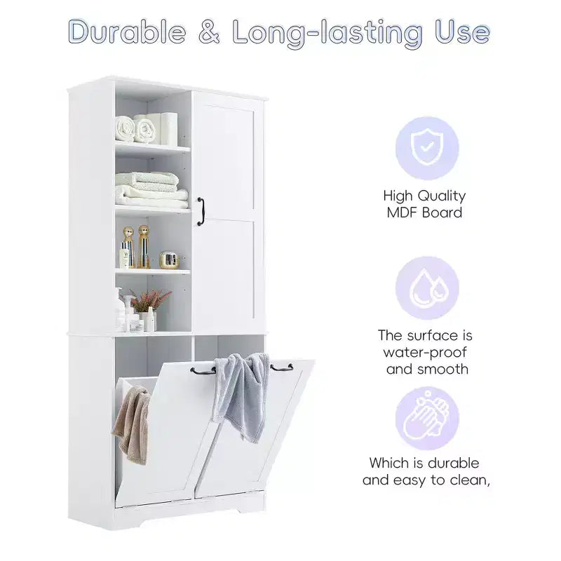 Freestanding Bathroom Storage Cabinet, Tilt-Out Laundry Hamper, Multiple Storage Space, Open Shelve, Adjustable Shelf