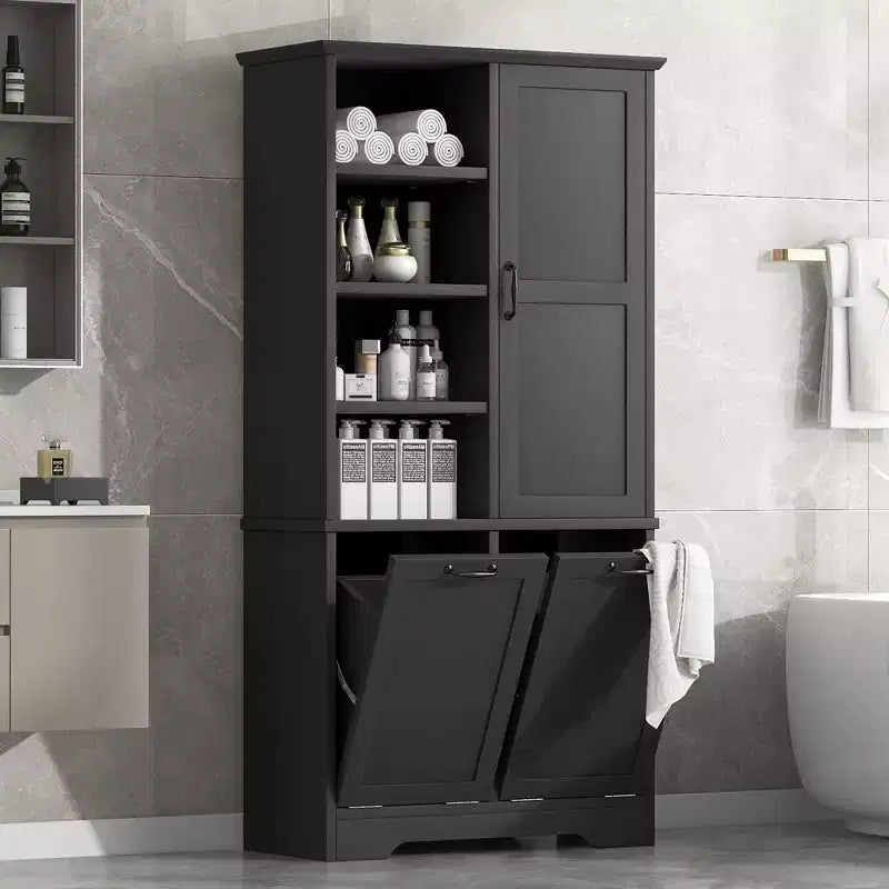 Freestanding Bathroom Storage Cabinet, Tilt-Out Laundry Hamper, Multiple Storage Space, Open Shelve, Adjustable Shelf