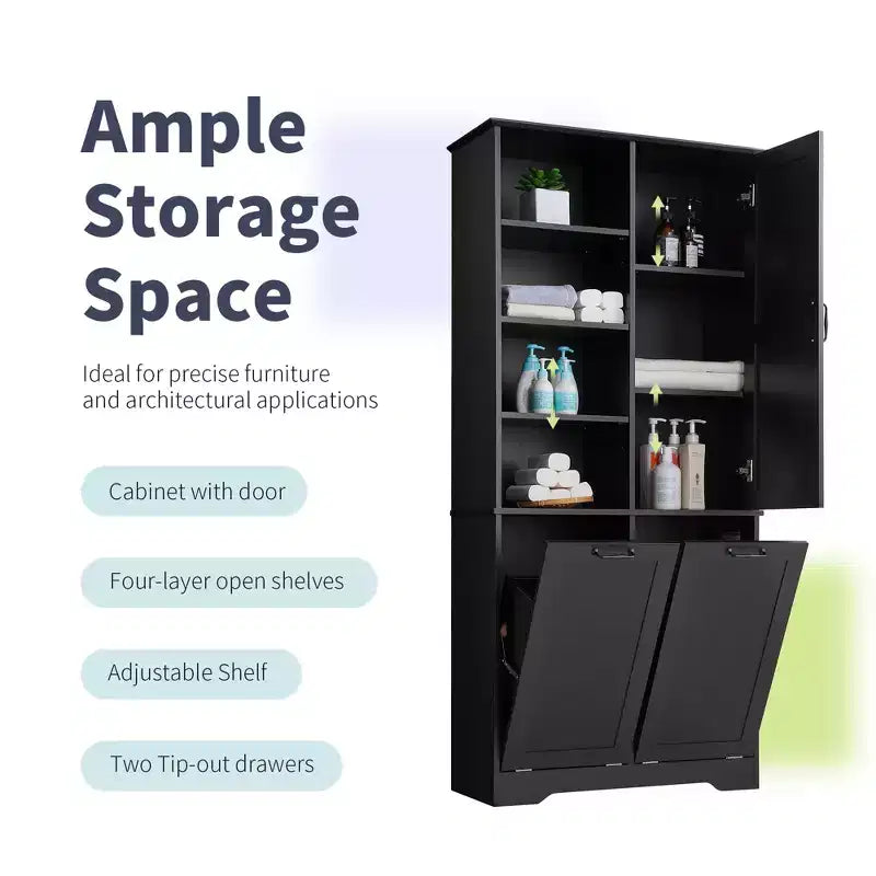 Freestanding Bathroom Storage Cabinet, Tilt-Out Laundry Hamper, Multiple Storage Space, Open Shelve, Adjustable Shelf