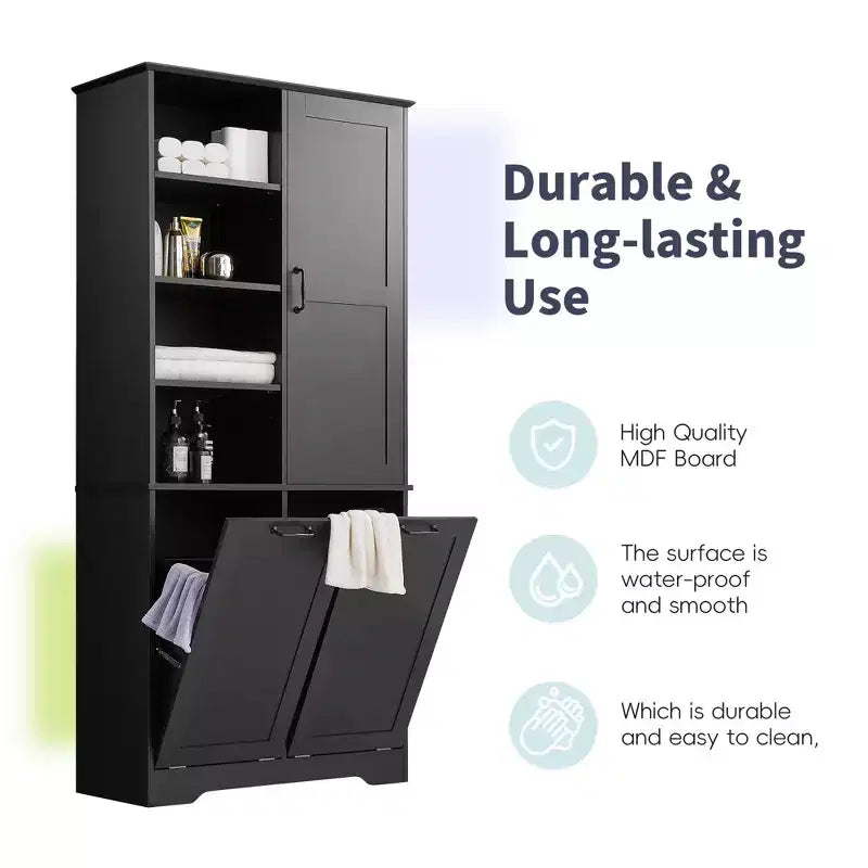 Freestanding Bathroom Storage Cabinet, Tilt-Out Laundry Hamper, Multiple Storage Space, Open Shelve, Adjustable Shelf