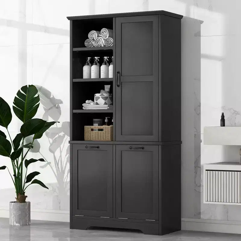 Freestanding Bathroom Storage Cabinet, Tilt-Out Laundry Hamper, Multiple Storage Space, Open Shelve, Adjustable Shelf