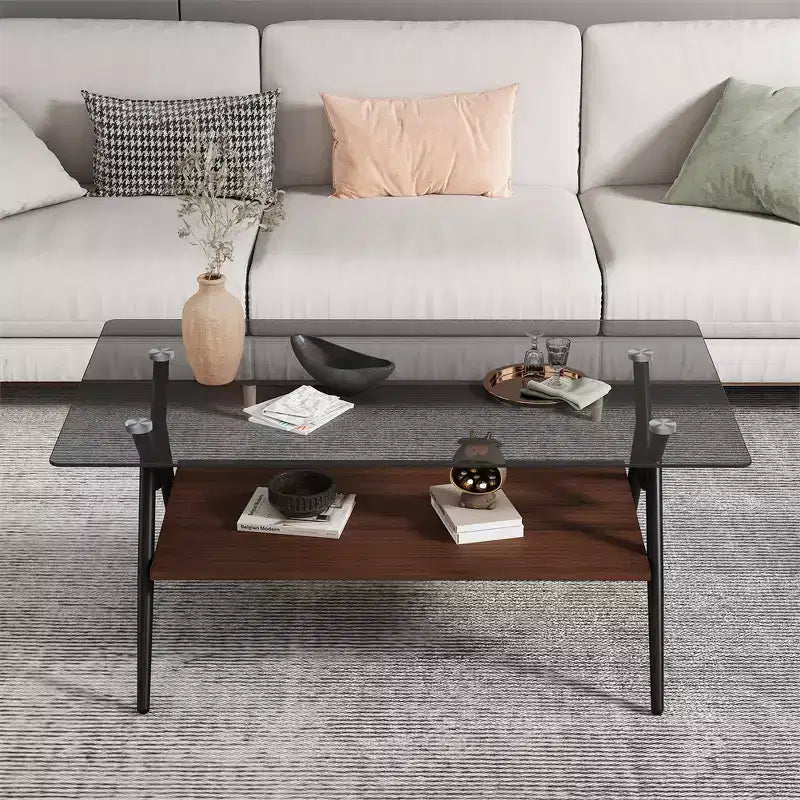 Glass Coffee Table, Modern Rectangle Tempered Glass Top Accent Center Table with Metal Legs, Easy Assembly, for Living Room Home Office