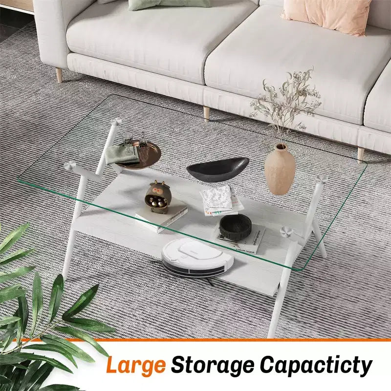 Glass Coffee Table, Modern Rectangle Tempered Glass Top Accent Center Table with Metal Legs, Easy Assembly, for Living Room Home Office
