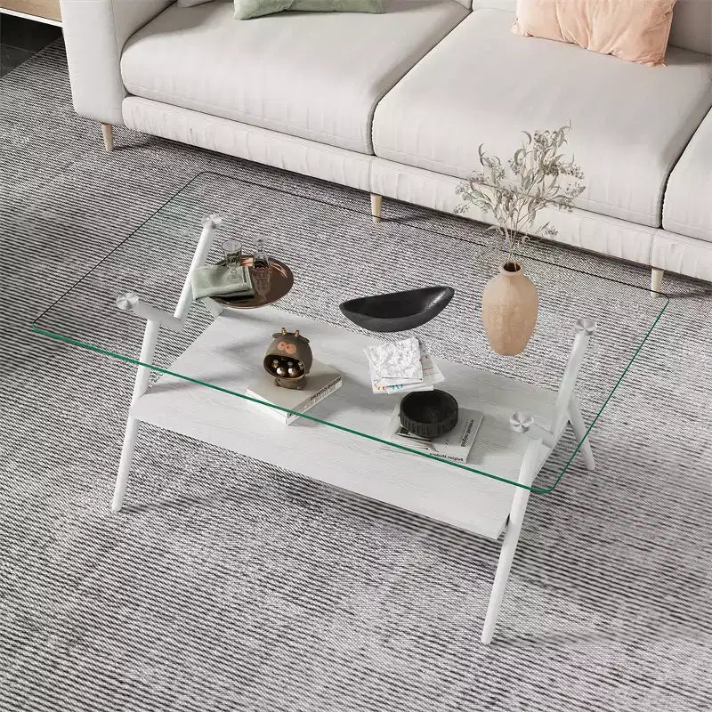 Glass Coffee Table, Modern Rectangle Tempered Glass Top Accent Center Table with Metal Legs, Easy Assembly, for Living Room Home Office