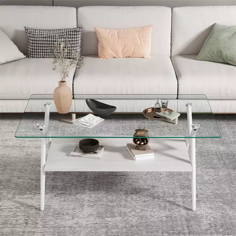 Glass Coffee Table, Modern Rectangle Tempered Glass Top Accent Center Table with Metal Legs, Easy Assembly, for Living Room Home Office