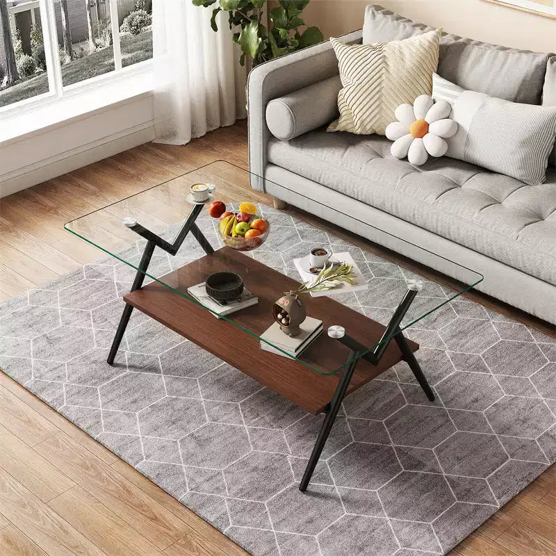 Glass Coffee Table, Modern Rectangle Tempered Glass Top Accent Center Table with Metal Legs, Easy Assembly, for Living Room Home Office