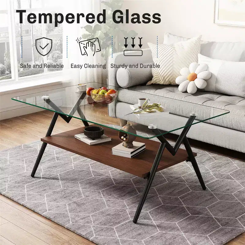 Glass Coffee Table, Modern Rectangle Tempered Glass Top Accent Center Table with Metal Legs, Easy Assembly, for Living Room Home Office