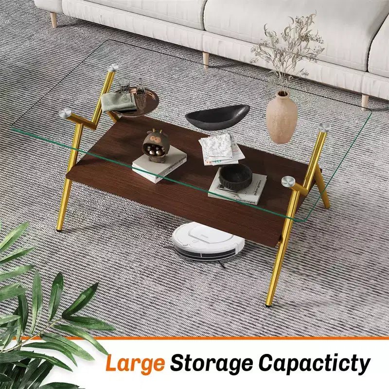Glass Coffee Table, Modern Rectangle Tempered Glass Top Accent Center Table with Metal Legs, Easy Assembly, for Living Room Home Office