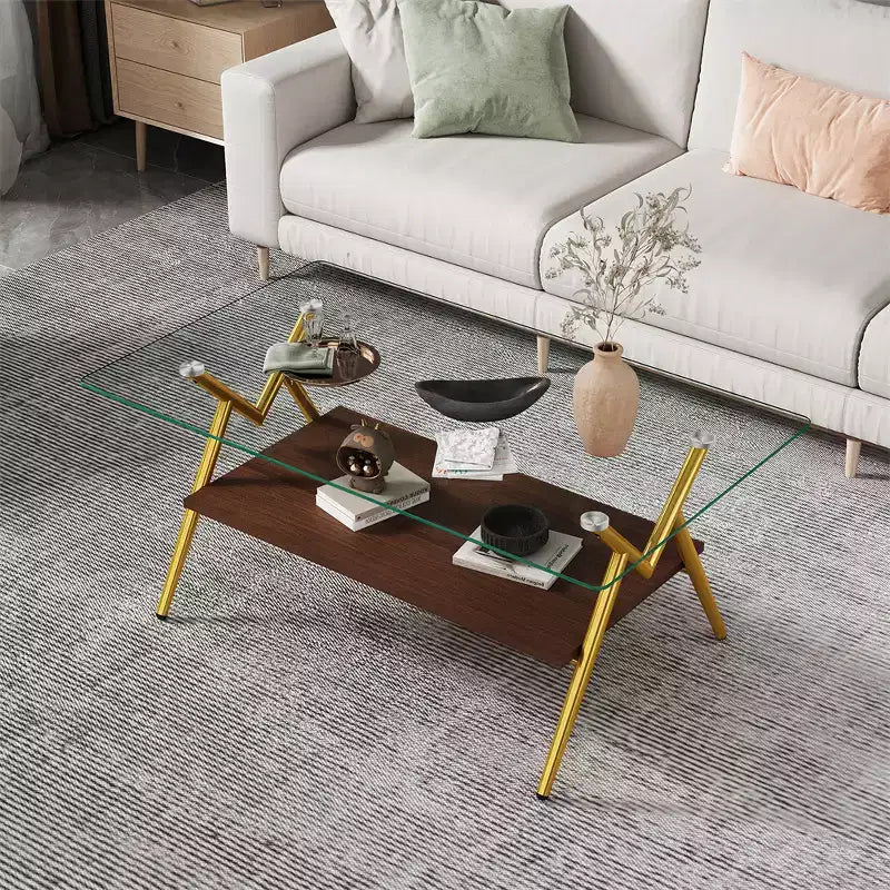 Glass Coffee Table, Modern Rectangle Tempered Glass Top Accent Center Table with Metal Legs, Easy Assembly, for Living Room Home Office