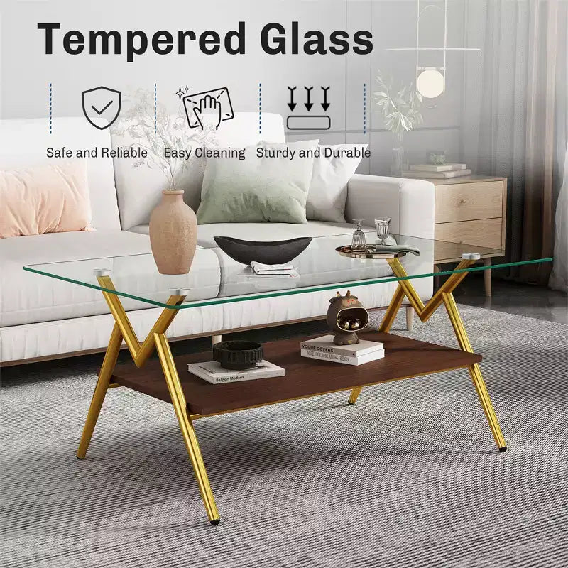 Glass Coffee Table, Modern Rectangle Tempered Glass Top Accent Center Table with Metal Legs, Easy Assembly, for Living Room Home Office