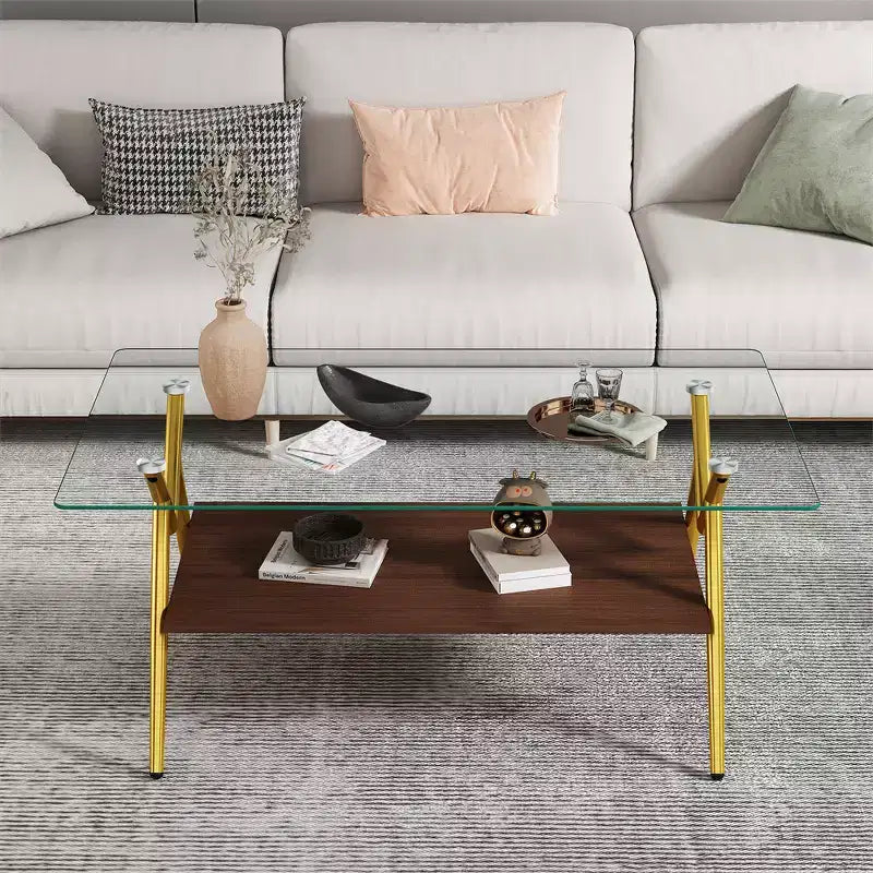 Glass Coffee Table, Modern Rectangle Tempered Glass Top Accent Center Table with Metal Legs, Easy Assembly, for Living Room Home Office