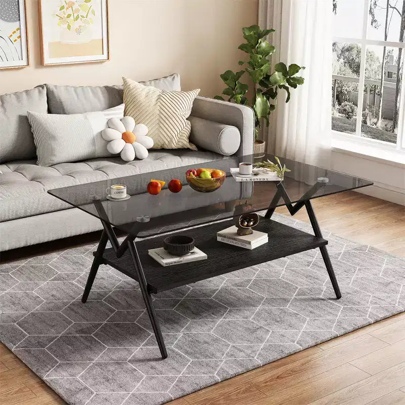 Glass Coffee Table, Modern Rectangle Tempered Glass Top Accent Center Table with Metal Legs, Easy Assembly, for Living Room Home Office