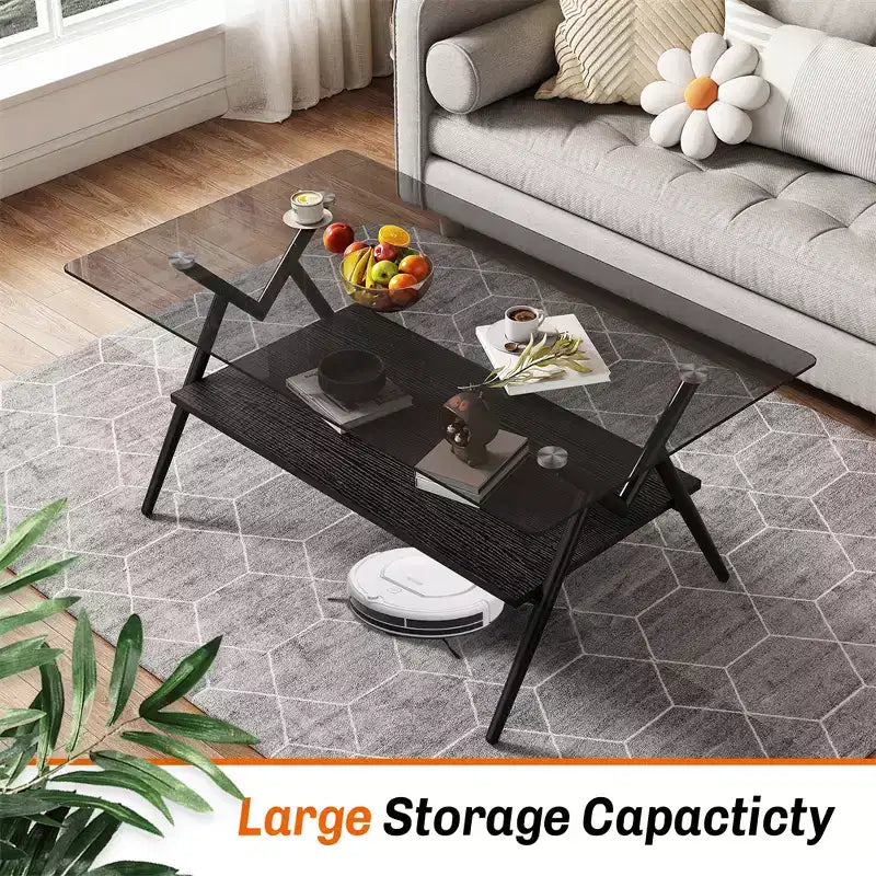 Glass Coffee Table, Modern Rectangle Tempered Glass Top Accent Center Table with Metal Legs, Easy Assembly, for Living Room Home Office