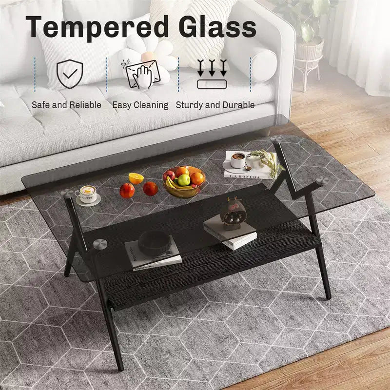 Glass Coffee Table, Modern Rectangle Tempered Glass Top Accent Center Table with Metal Legs, Easy Assembly, for Living Room Home Office