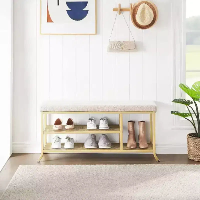 Shoe Bench,3-Tier Shoe Rack for Entrance,Shoe Storage Rack with Soft Seat,with Metal Frame,Suitable for Living Room Hallway Gold