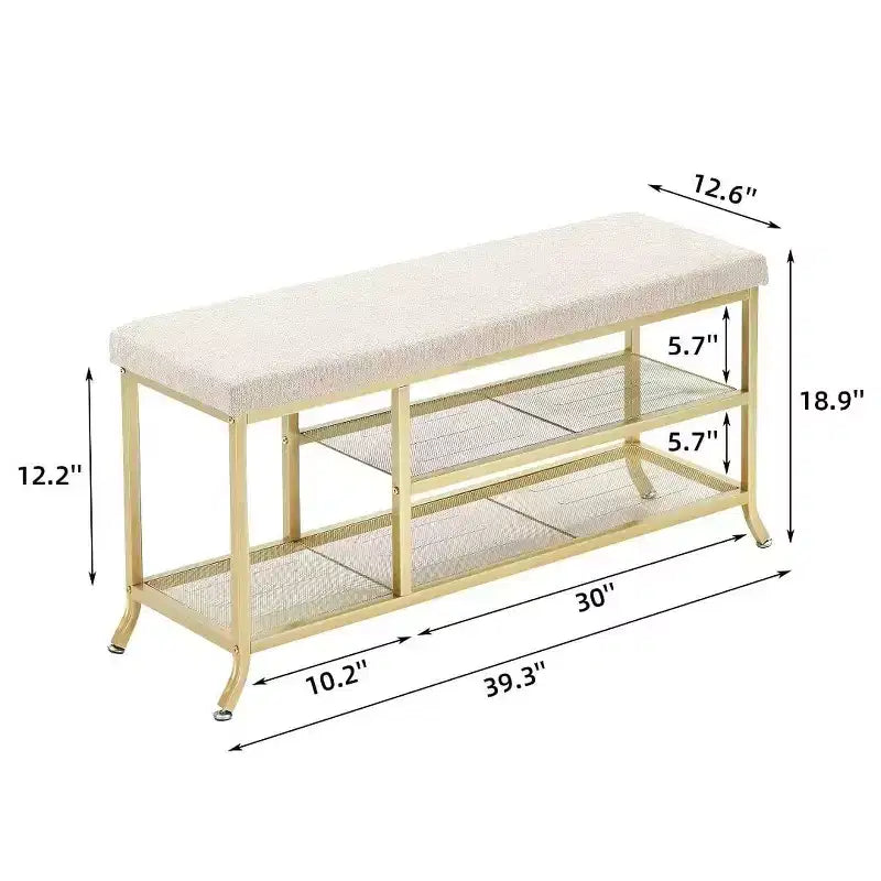 Banc à chaussures, range-chaussures 3 niveaux pour entrée, meuble à chaussures avec siège moelleux, avec cadre en métal, convient pour le salon et le couloir, doré