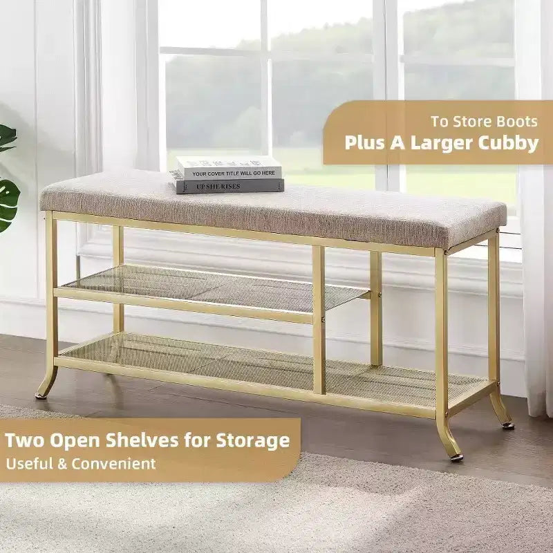 Banc à chaussures, range-chaussures 3 niveaux pour entrée, meuble à chaussures avec siège moelleux, avec cadre en métal, convient pour le salon et le couloir, doré