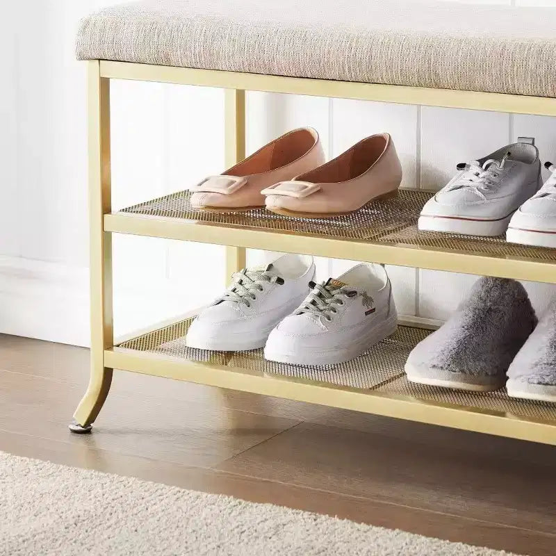 Banc à chaussures, range-chaussures 3 niveaux pour entrée, meuble à chaussures avec siège moelleux, avec cadre en métal, convient pour le salon et le couloir, doré