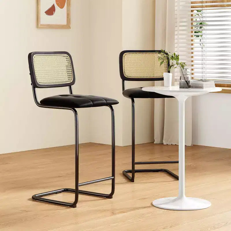 PexFix 2Pcs Counter Height Bar Stools Upholstered PU Leather Barstools with Rattan Back 30 inch Stools Armless Bar Chairs for Kitchen Island Black