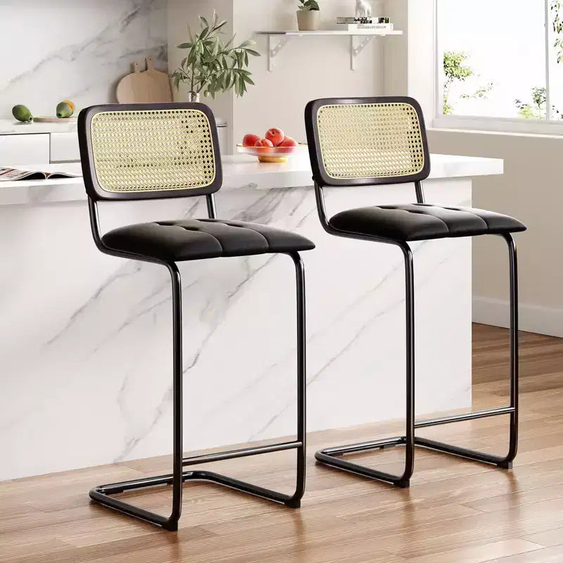 PexFix Lot de 2 tabourets de bar hauteur comptoir en cuir PU rembourré avec dossier en rotin, tabourets de 76 cm sans accoudoirs pour îlot de cuisine Noir