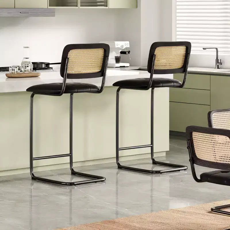 PexFix Lot de 2 tabourets de bar hauteur comptoir en cuir PU rembourré avec dossier en rotin, tabourets de 76 cm sans accoudoirs pour îlot de cuisine Noir
