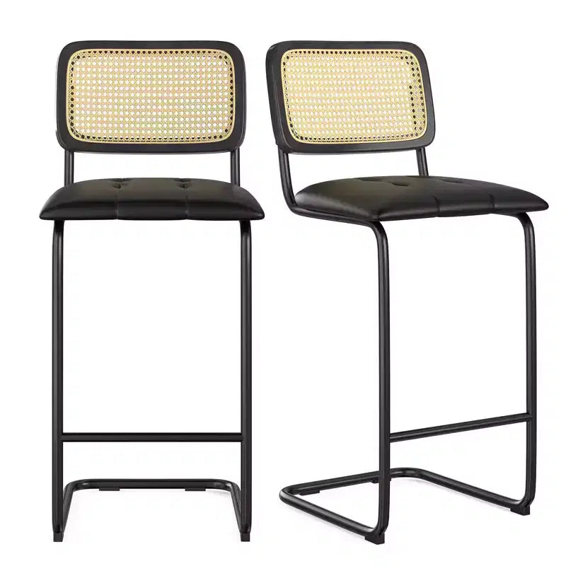 PexFix Lot de 2 tabourets de bar hauteur comptoir en cuir PU rembourré avec dossier en rotin, tabourets de 76 cm sans accoudoirs pour îlot de cuisine Noir