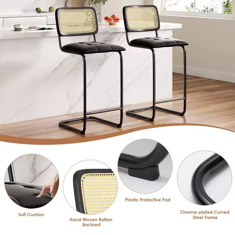 PexFix Lot de 2 tabourets de bar hauteur comptoir en cuir PU rembourré avec dossier en rotin, tabourets de 76 cm sans accoudoirs pour îlot de cuisine Noir