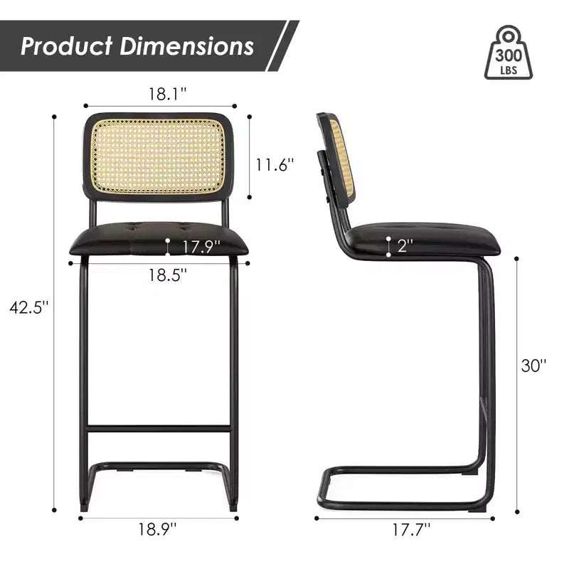PexFix Lot de 2 tabourets de bar hauteur comptoir en cuir PU rembourré avec dossier en rotin, tabourets de 76 cm sans accoudoirs pour îlot de cuisine Noir