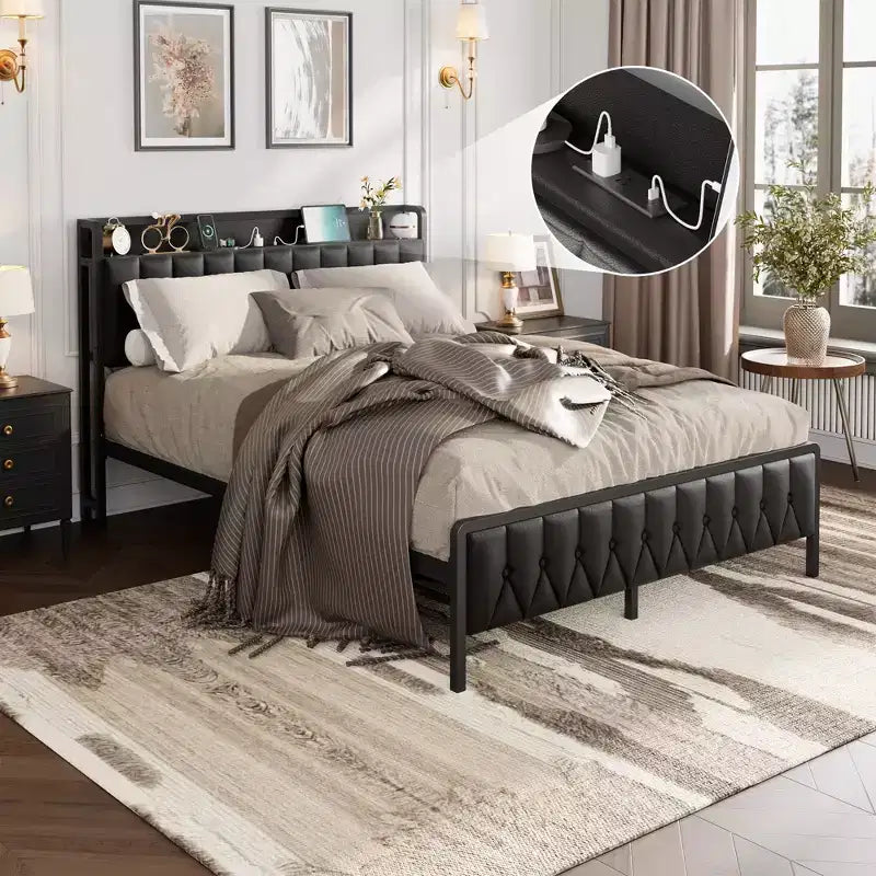 Bed Frame with PU Leather Headboard & Charging Station, All-Metal Platform Storage Bed, Noise-Free, No Box Spring Needed, Black