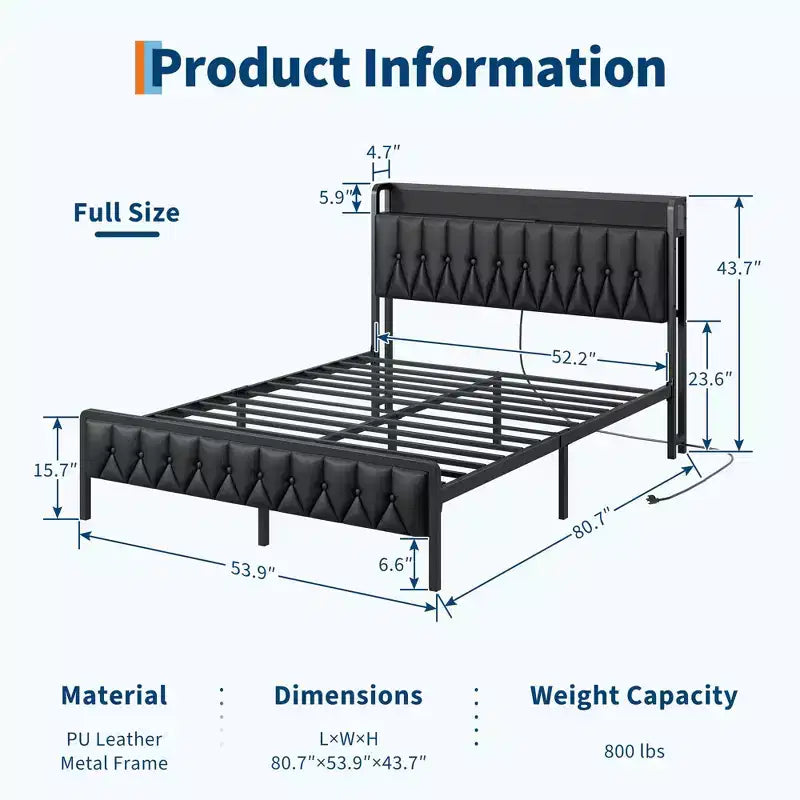 Bed Frame with PU Leather Headboard & Charging Station, All-Metal Platform Storage Bed, Noise-Free, No Box Spring Needed, Black