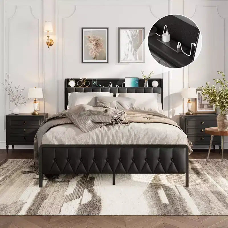 Bed Frame with PU Leather Headboard & Charging Station, All-Metal Platform Storage Bed, Noise-Free, No Box Spring Needed, Black