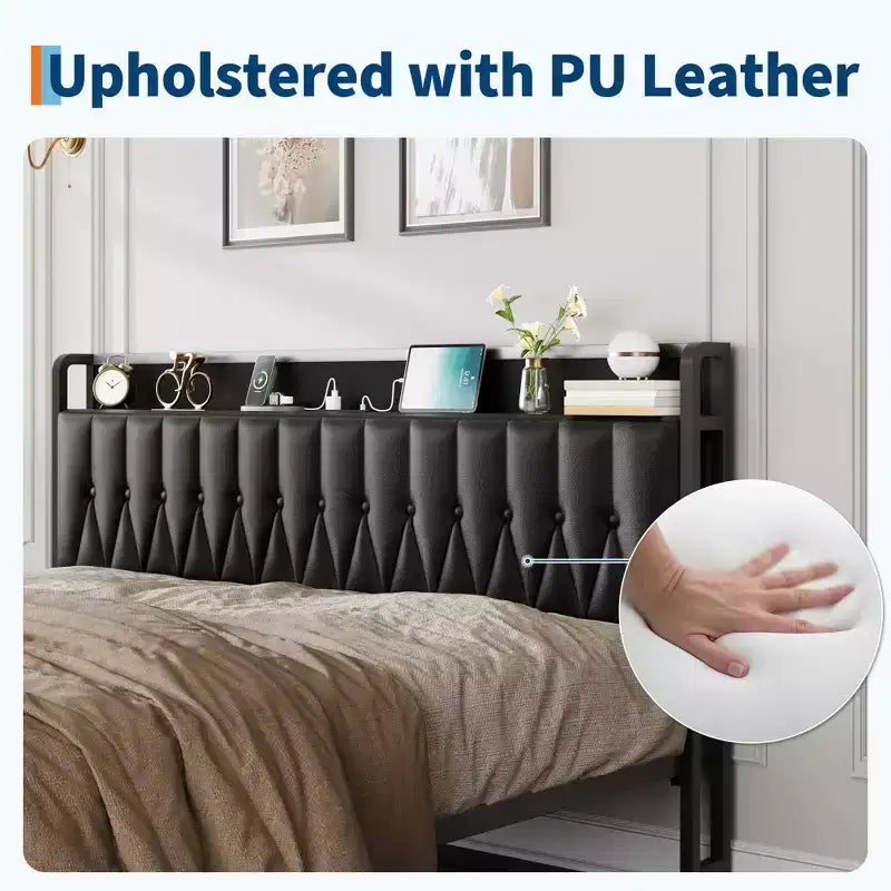 Bed Frame with PU Leather Headboard & Charging Station, All-Metal Platform Storage Bed, Noise-Free, No Box Spring Needed, Black