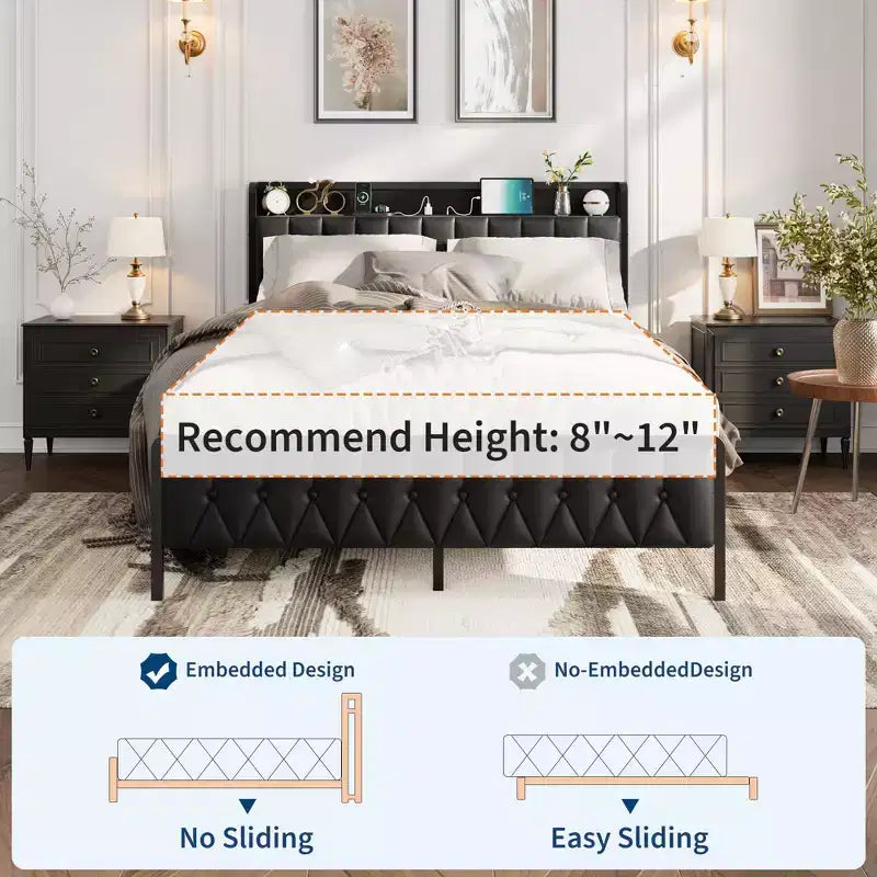 Bed Frame with PU Leather Headboard & Charging Station, All-Metal Platform Storage Bed, Noise-Free, No Box Spring Needed, Black