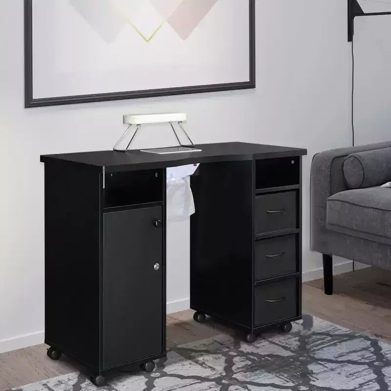 Karlhome Black Manicure Table Nail Desk for Nail Tech with Dust Collector, Wrist Cushion, Storage Cabinet and Drawers