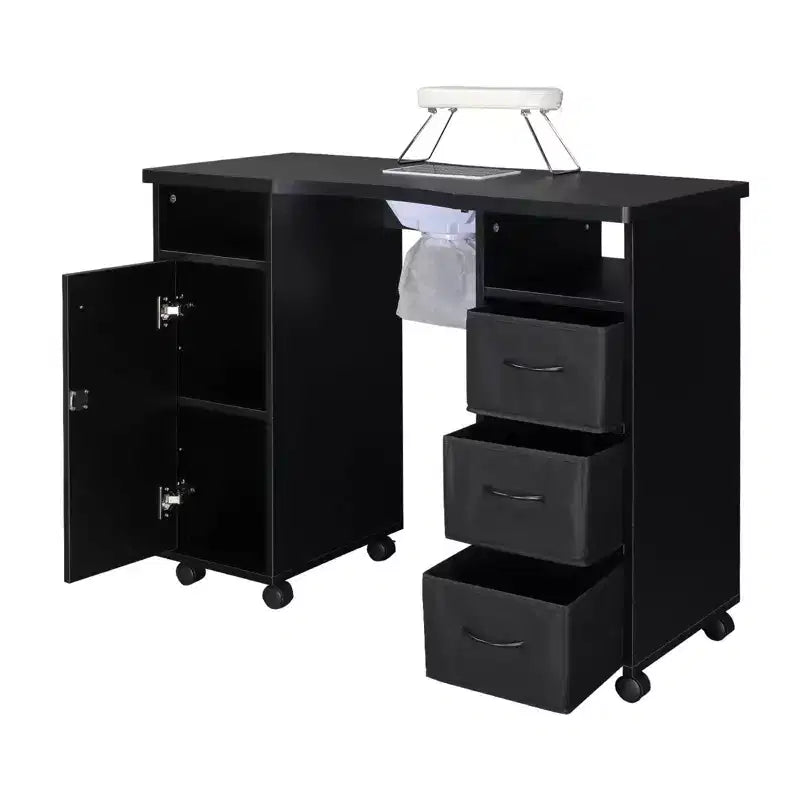 Karlhome Table de manucure noire pour technicien en ongles avec collecteur de poussière, coussin de poignet, armoire de rangement et tiroirs