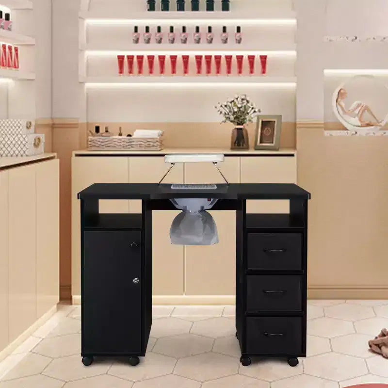 Karlhome Table de manucure noire pour technicien en ongles avec collecteur de poussière, coussin de poignet, armoire de rangement et tiroirs