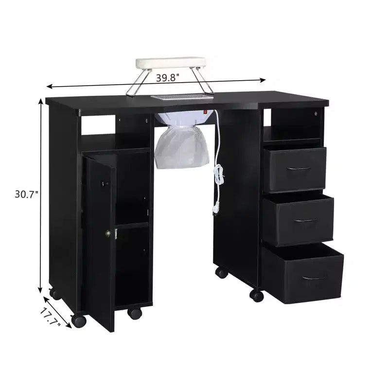 Karlhome Table de manucure noire pour technicien en ongles avec collecteur de poussière, coussin de poignet, armoire de rangement et tiroirs