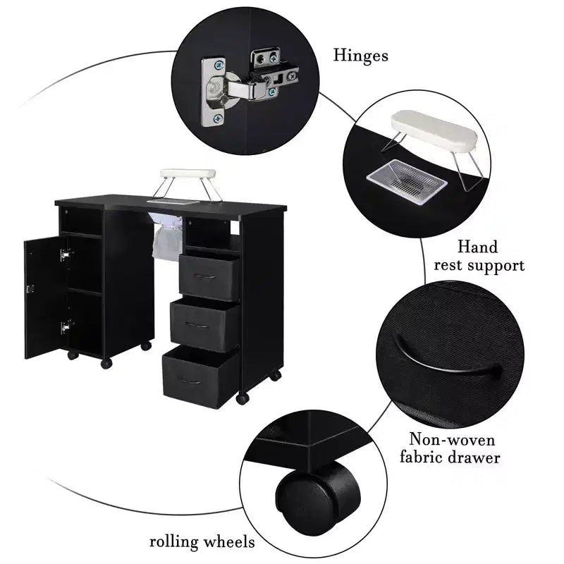 Karlhome Table de manucure noire pour technicien en ongles avec collecteur de poussière, coussin de poignet, armoire de rangement et tiroirs