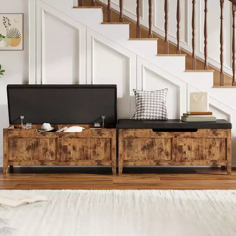 39.4 Banc de rangement en rotin pour entrée avec coussin d'assise, coffre de rangement, banc à chaussures, coffre de rangement pour entrée, salon, chambre à coucher