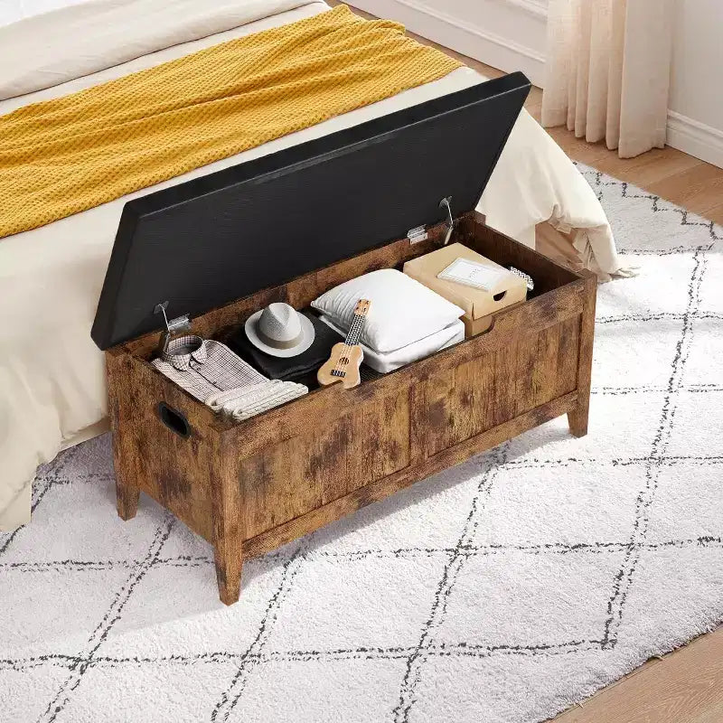 39.4 Banc de rangement en rotin pour entrée avec coussin d'assise, coffre de rangement, banc à chaussures, coffre de rangement pour entrée, salon, chambre à coucher