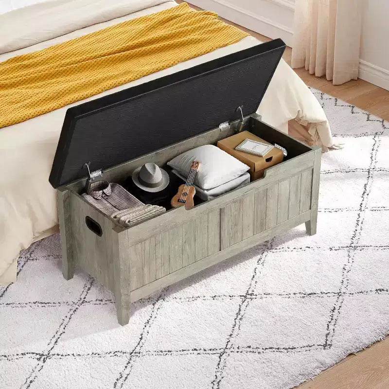 39.4 Banc de rangement en rotin pour entrée avec coussin d'assise, coffre de rangement, banc à chaussures, coffre de rangement pour entrée, salon, chambre à coucher