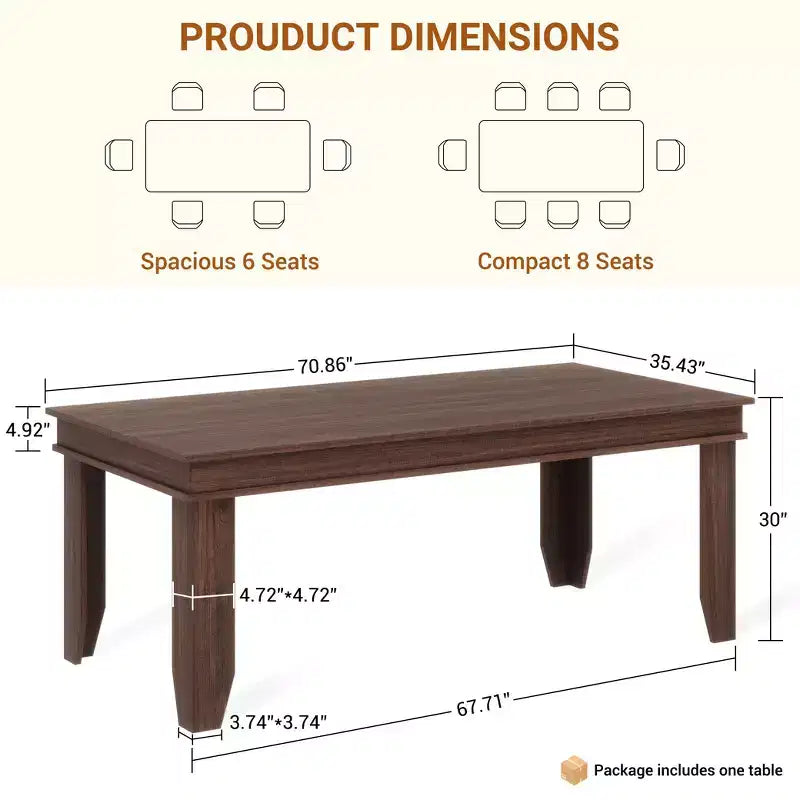70.87 Inch Farmhouse Dining Table for 6-8 People, Thickened desktopRectangle Dining Room Table with Strong Legs for Living Room, Restaurant
