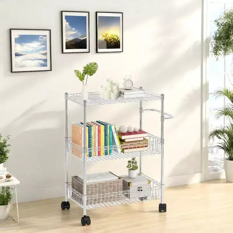 GustoWave 3 Tier Wire Shelving Rolling Cart with Handles for Kitchen Bar Office