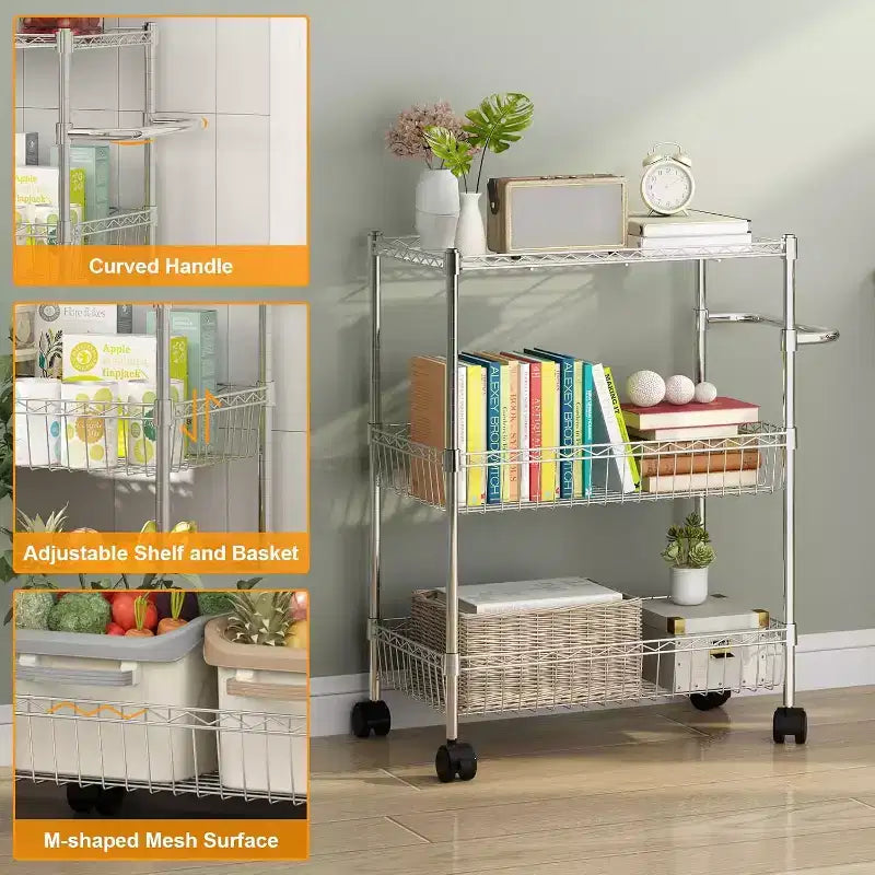 GustoWave 3 Tier Wire Shelving Rolling Cart with Handles for Kitchen Bar Office